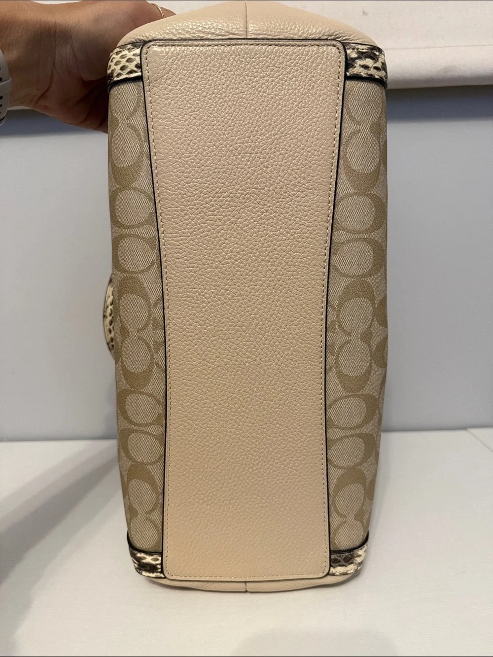 Coach Kristy Signature Beige Canvas Shoulder Bag with Snake-Print Trim